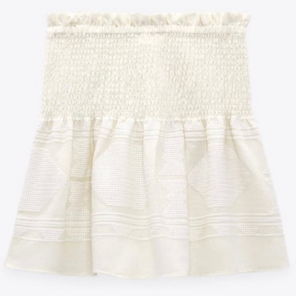 NWOT Zara Linen Blend Tribal Smocked Flare Skirt, Strapless Top Swim Cover M - Picture 8 of 13